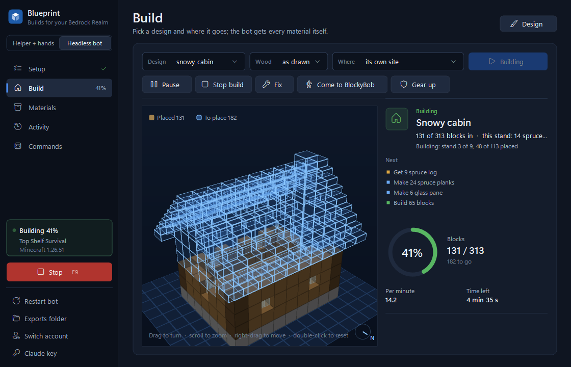Blueprint's Build page: a snowy cabin in 3D, placed blocks in brown and blocks still to place outlined in blue, beside a 41% progress ring and the bot's next jobs.