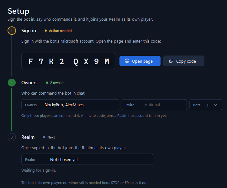 Blueprint's Setup page: step 1, sign in with a code; step 2, the owners who can command the bot; step 3, the Realm it joins.