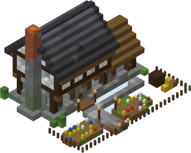 Mossbrook Cottage: a timber-framed cottage with a slate roof, a brick chimney and vegetable beds.